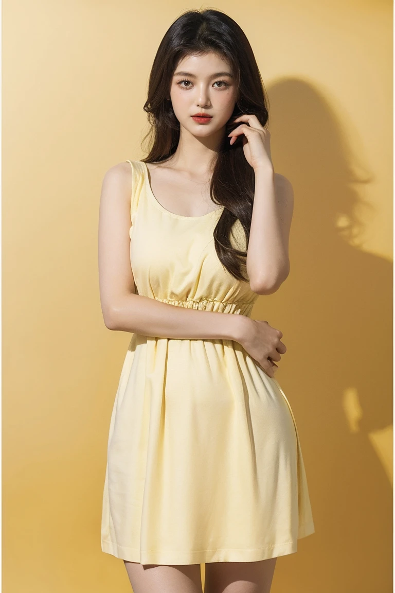 21 year old girl, yellow background, beautiful dress