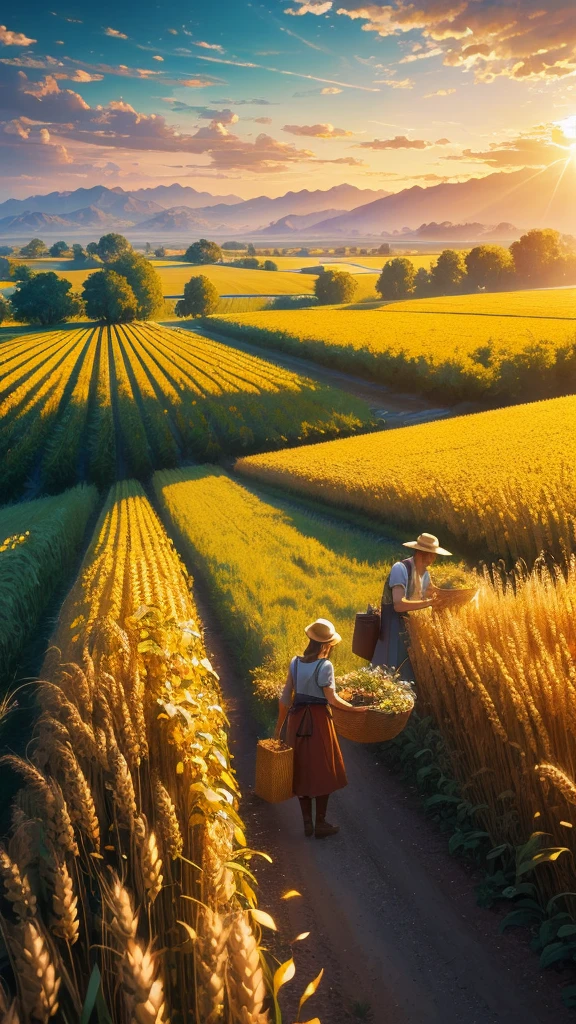 Masterpiece, best quality, (very detailed CG unified 8k wallpaper) (best quality), (best illustration), (best shade) nature harvest wheat, super meticulous --v6, people working in the fields