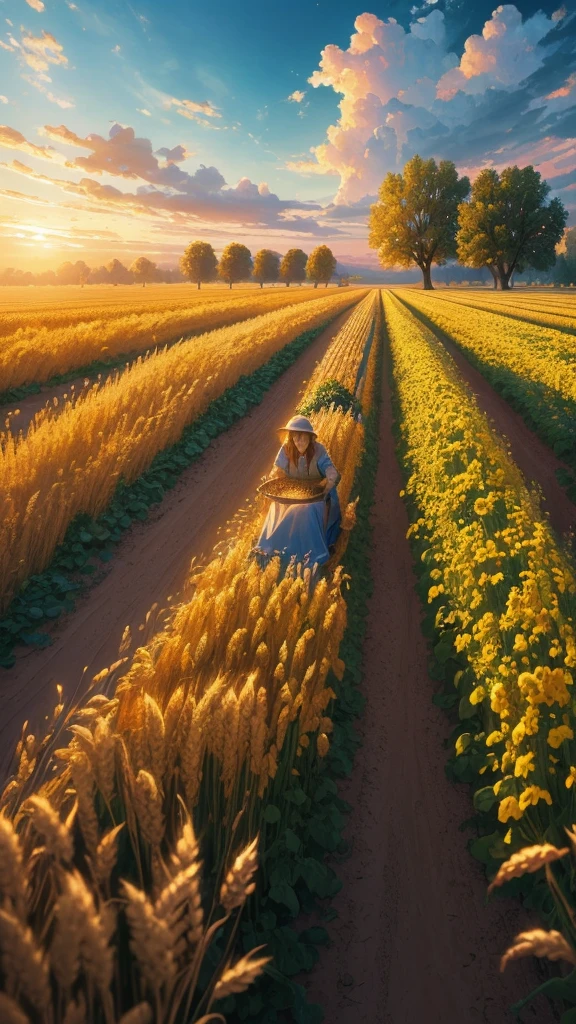 Masterpiece, best quality, (very detailed CG unified 8k wallpaper) (best quality), (best illustration), (best shade) nature harvest wheat, super meticulous --v6, people working in the fields
