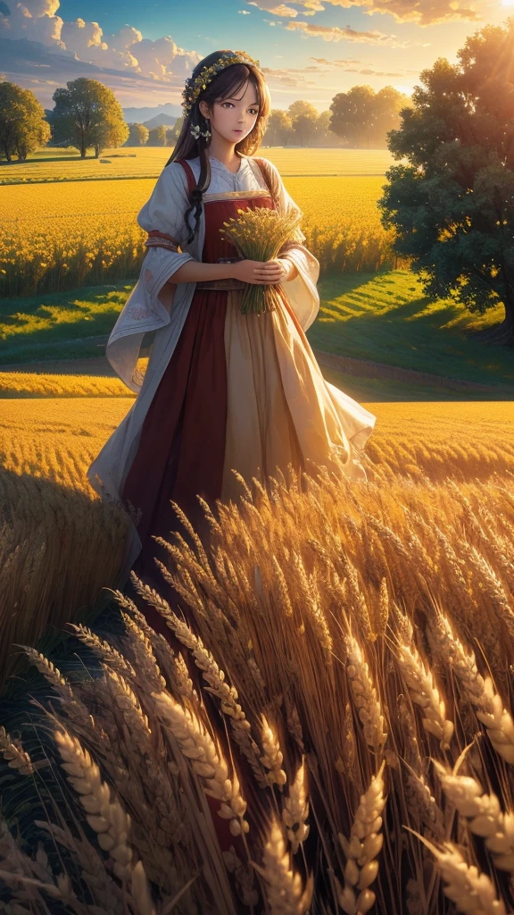 Masterpiece, best quality, (very detailed CG unified 8k wallpaper) (best quality), (best illustration), (best shade) nature harvest wheat, super meticulous --v6, people working in the fields