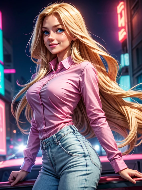 a woman with long blonde hair, blue eyes, (wearing a pink and blue long sleeve shirt), smiling, happy, cheerful, high definition, Ultra Quality hair, Ultra Quality face, Ultra Quality image, cinematic lights,,,,pose sensual, sexy, (medium and exposed breasts).