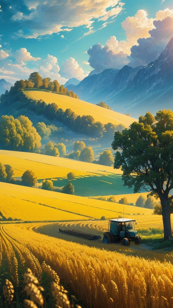 Masterpiece, best quality, (very detailed CG unified 8k wallpaper) (best quality), (best illustration), (best shade) nature harvest wheat, super meticulous --v6, people working in the fields
