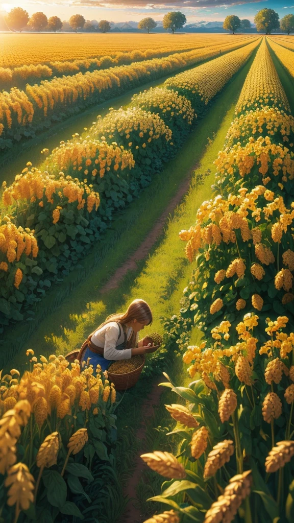 Masterpiece, best quality, (very detailed CG unified 8k wallpaper) (best quality), (best illustration), (best shade) nature harvest wheat, super meticulous --v6, people working in the fields