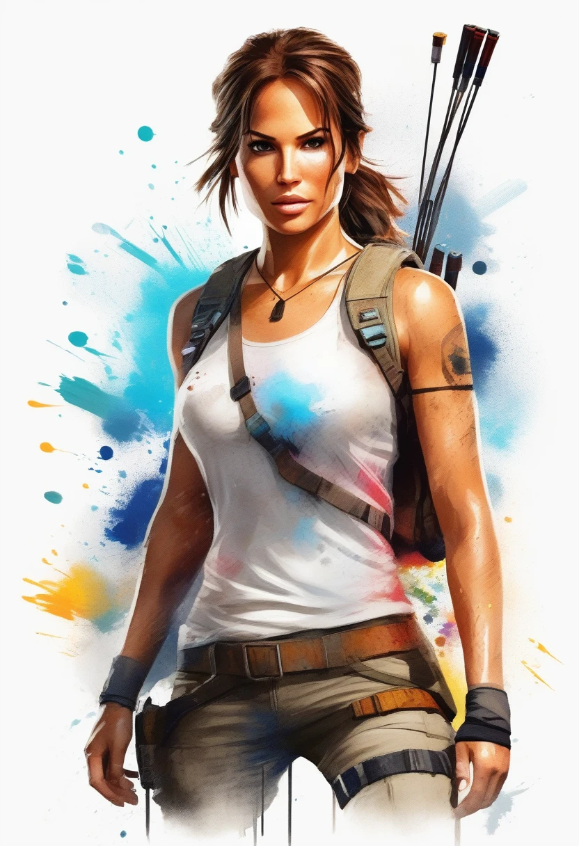 A stylish t-shirt, t shirt design, Centered art, 2D vector, water colour, Lara Croft Tomb Raider, White background, Adobe illustration, trends on artstation, High definition, 8K, details Intricate, vibrant eyes, arte linda, work of art, by Rafael Albuquerque , REMBRANDT luminosity
