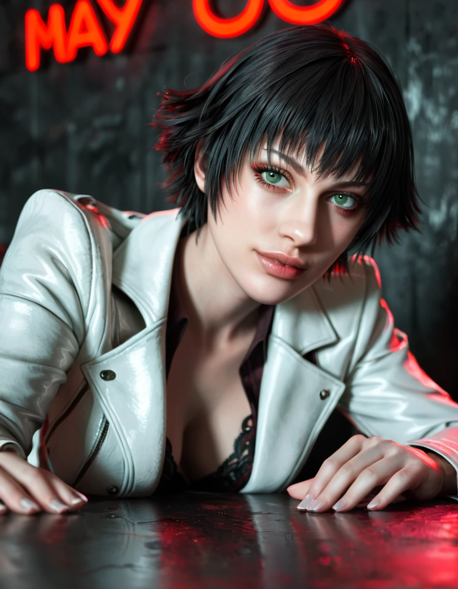 (best quality:1.2), lady (from devil may cry 5:1.1), perfect face, white jacket, black pants, green eyes,lying on the table, in a dark agency background, "devil may cry" neon red sign , night, alone, dark wall
