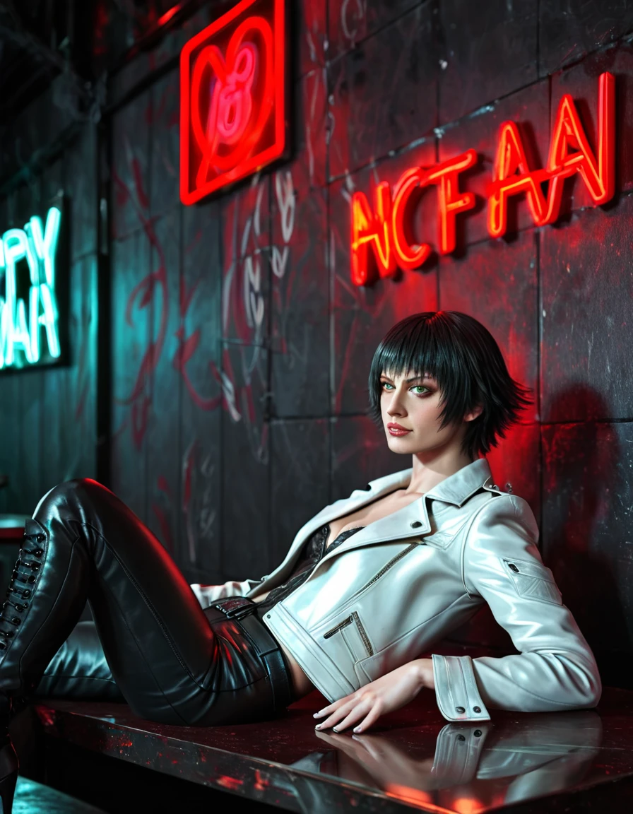 (best quality:1.2), lady (from devil may cry 5:1.1), perfect face, white jacket, black pants, green eyes,lying on the table, in a dark agency background, "devil may cry" neon red sign , night, alone, dark wall
