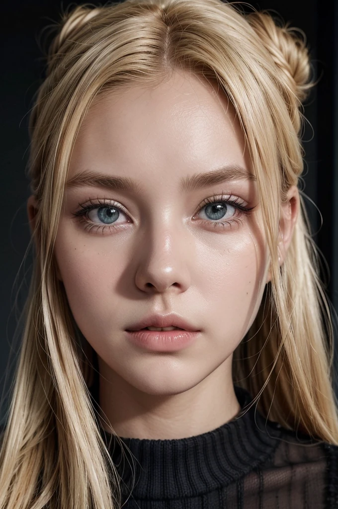 an eye contact of a blonde, wearing a knitted outfit with hair in a bun and a dark theme,23yers