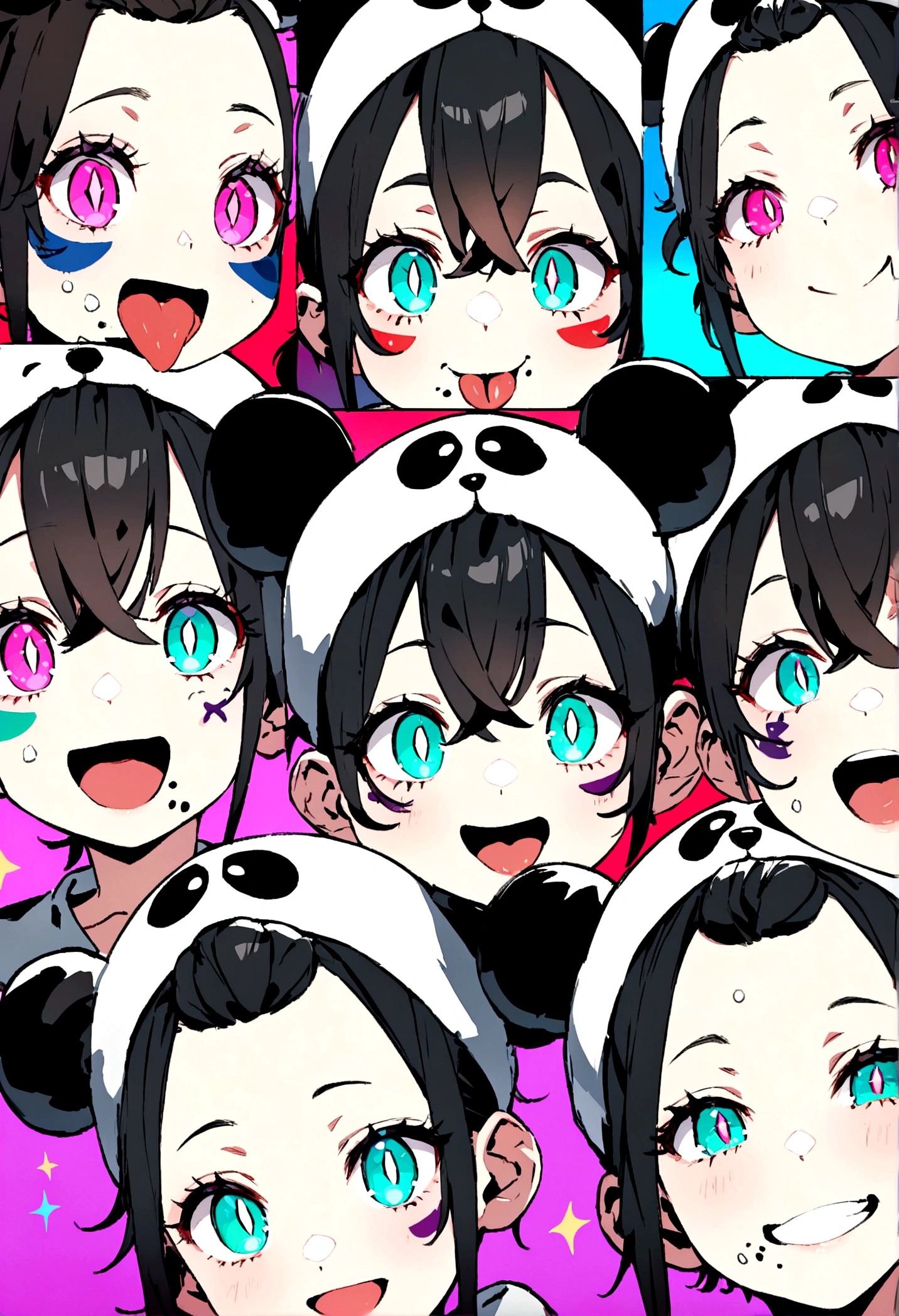 black hair, gradient hair, double bun, crossed bangs, bangs pinned back, facepaint, aqua eyes, eyeball, wide eyes, gradient_eyes, slit pupils, pupils sparkling, solid circle eyes, pink eyes, food on face, tongue, fingersmile, expressions, bright pupils, smiley, glint, laughing, happy, excited, oral invitation, Surrealism, Pop art, glowing light, cowboy shot, 8k, super detail, UHD, retina, retina, masterpiece, accurate, anatomically correct, textured skin, super detail, high details, high quality, award winning, best quality, highres、Create an anime-style illustration of an anthropomorphized panda girl with a cute face. She wears panda-inspired clothing and has a gluttonous, energetic, and tomboyish personality. The background includes bamboo, and several elements in the illustration should remind viewers of pandas. The world should be colorful and pop, with only one character present.
