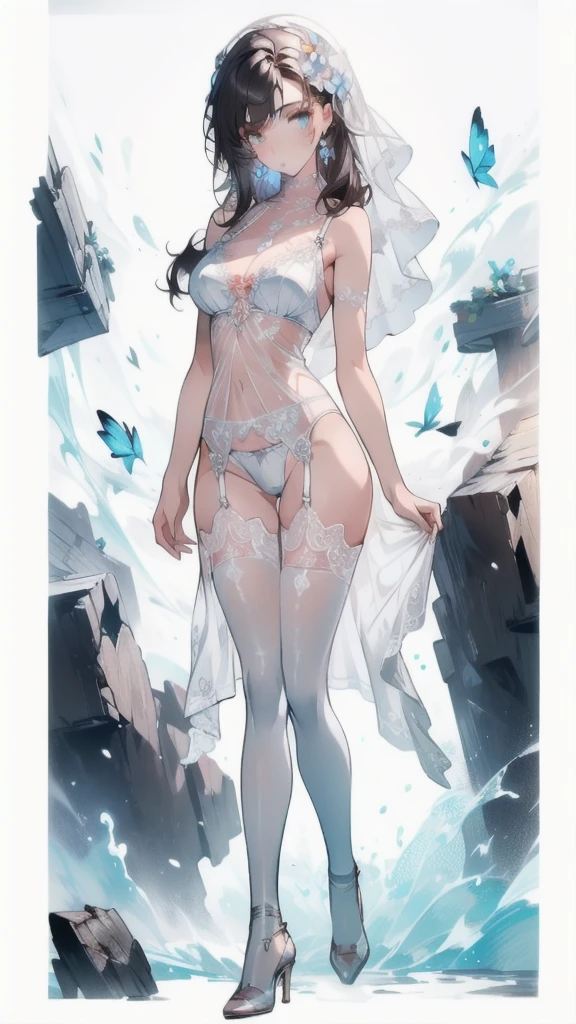 ((masterpiece, best quality)), Epic flower sea atmosphere，Delicate face，model，desert，whole body，Standing picture，glowing white eyes，Loulan Rose，Large Breasts，Perfect body proportions，Pure white background，firefly，Transparent sexy lingerie，High heel