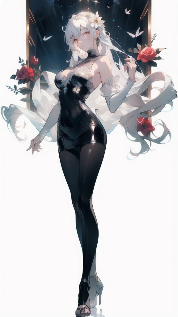 ((masterpiece, best quality)), Epic flower sea atmosphere,Delicate face,model,desert,whole body,Standing picture,glowing white eyes,Loulan Rose,Large Breasts,Perfect body proportions,Pure white background,firefly,Transparent sexy lingerie,High heel