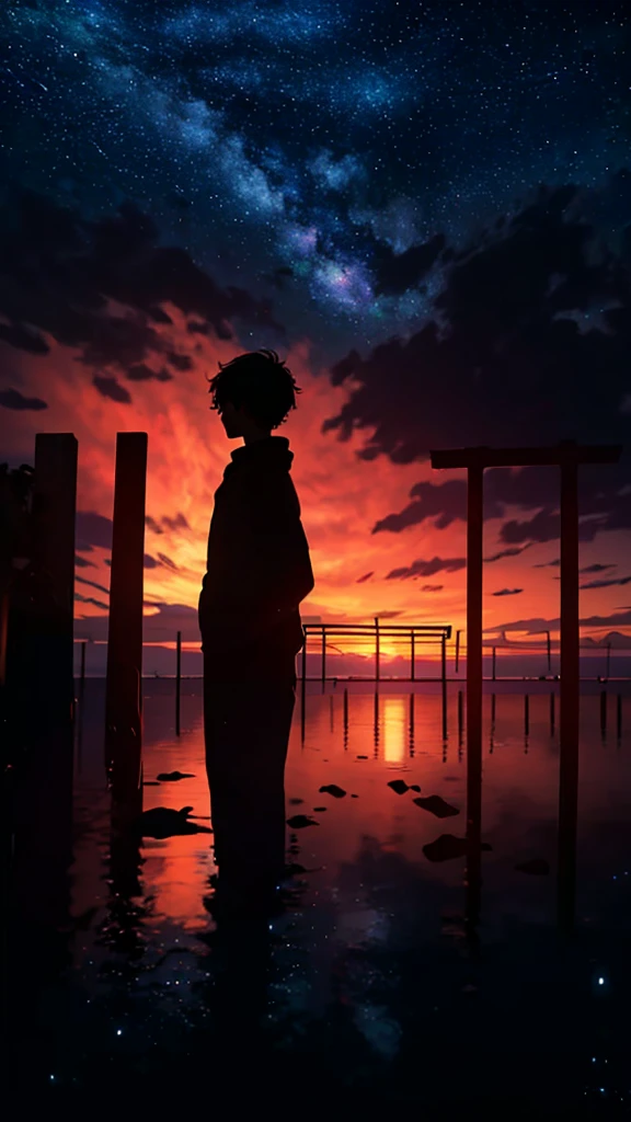 a silhouette of boy sitting in the pier next to a lake, in the distance, from behind, no face shown, looking at the vast sky, clouds, shooting stars, aurora borealis, milky way, the scene is dominated by vast sky.
