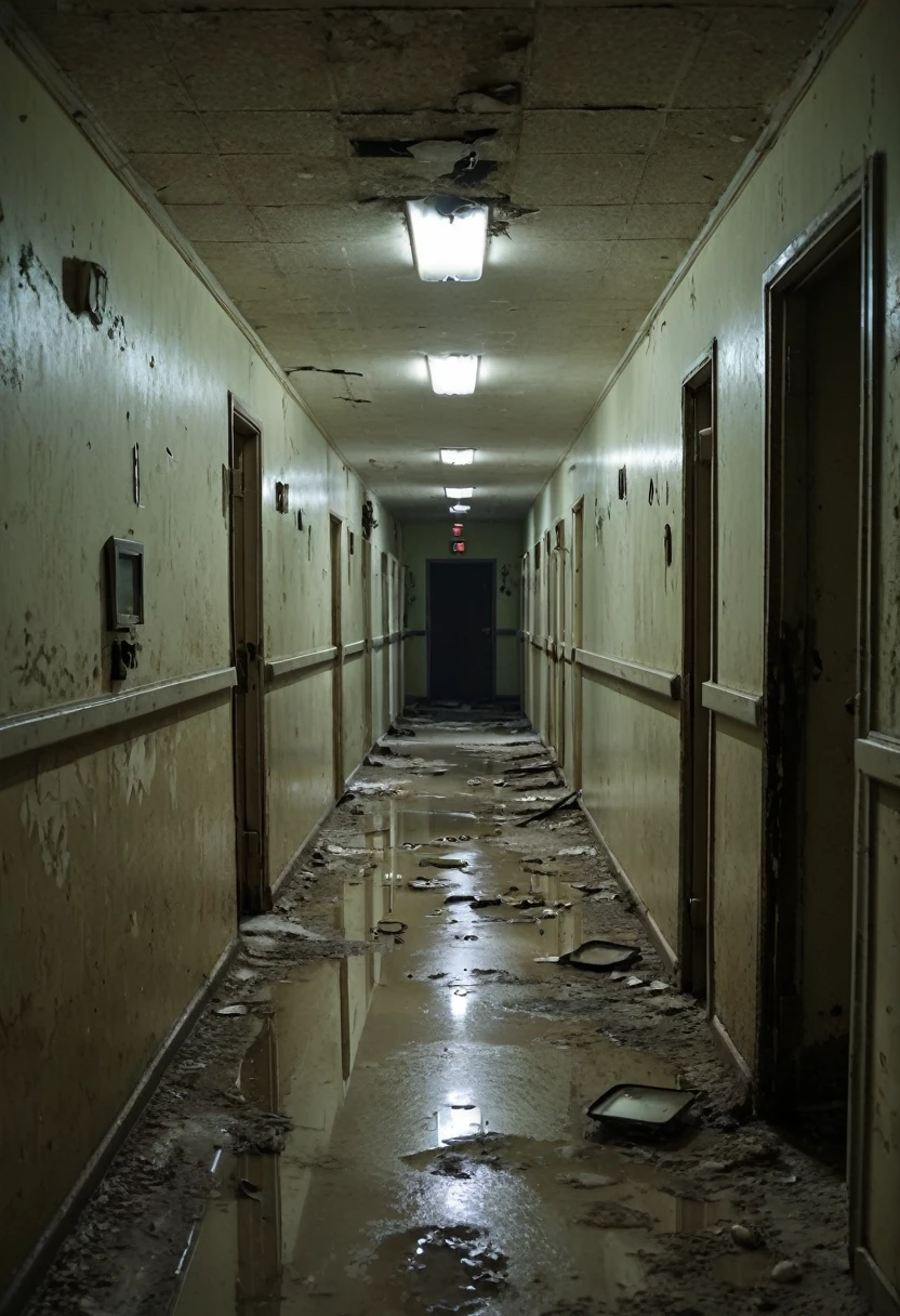 Gloomy and dark corridors. The place is dirty and in poor condition. The walls are deteriorated and there is mold on them. There are holes on the floor in the walls and on the ceiling. In the hallway there are several metal doors. Several broken medical equipment littered on the ground. The place looked like an abandoned psychiatric hospital. The place was deserted. The atmosphere is dark and nocturnal