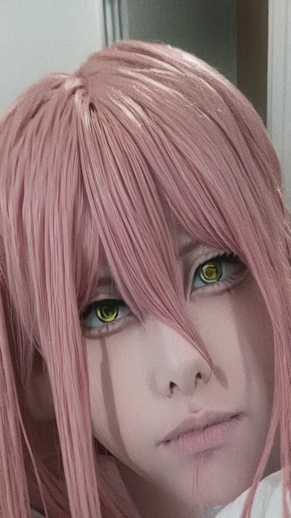 pink hair, yellow eyes