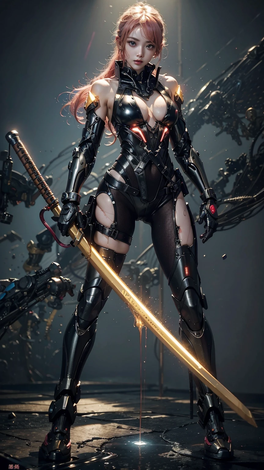 Highest quality、Surreal、Perfect Anatomy、In the middle of a crowded arena、Surrounded by spectators、Crowd、Wet and shiny white skin、Sweat dripping all over the body、Slender model figure、Ahegao、Golden and pink hair、soaked、Super small face、Collars and Leads、Cyberpunk Girl、photo shoot、Black Japanese sword、Black micro bikini、latex、Heart decoration、Cleavage、Dripping blood、Intricate, luminous mechanical parts、Android、