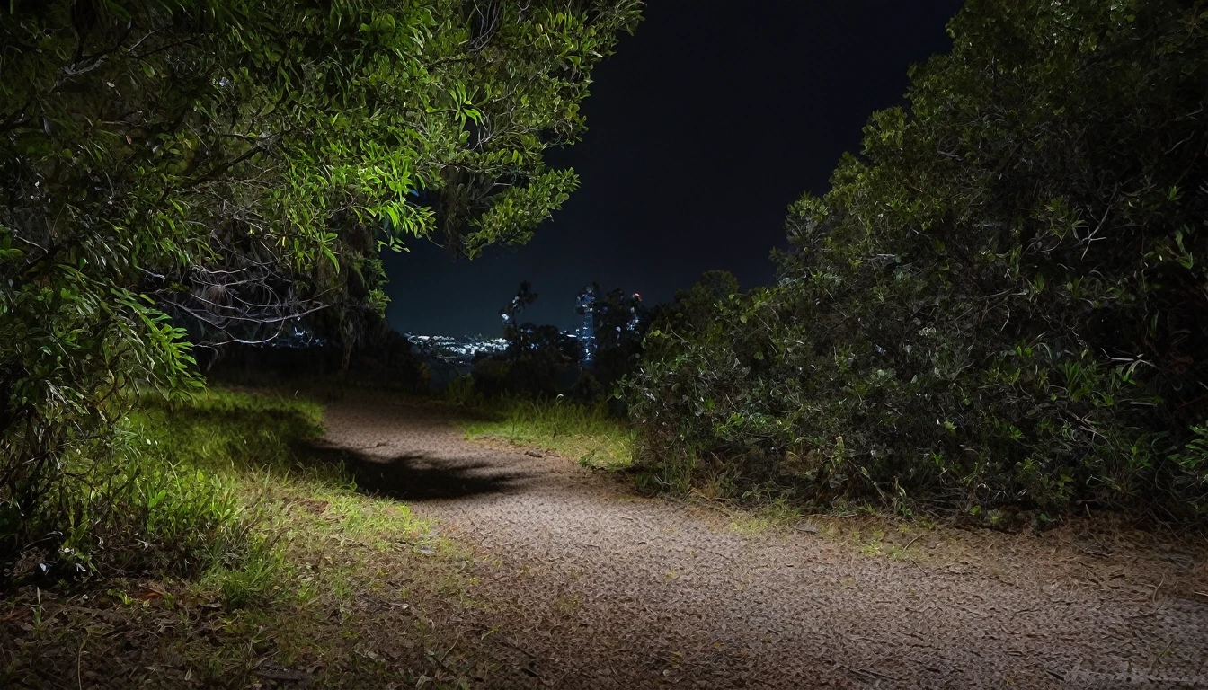 walking track, ominous night, no people in the environment
