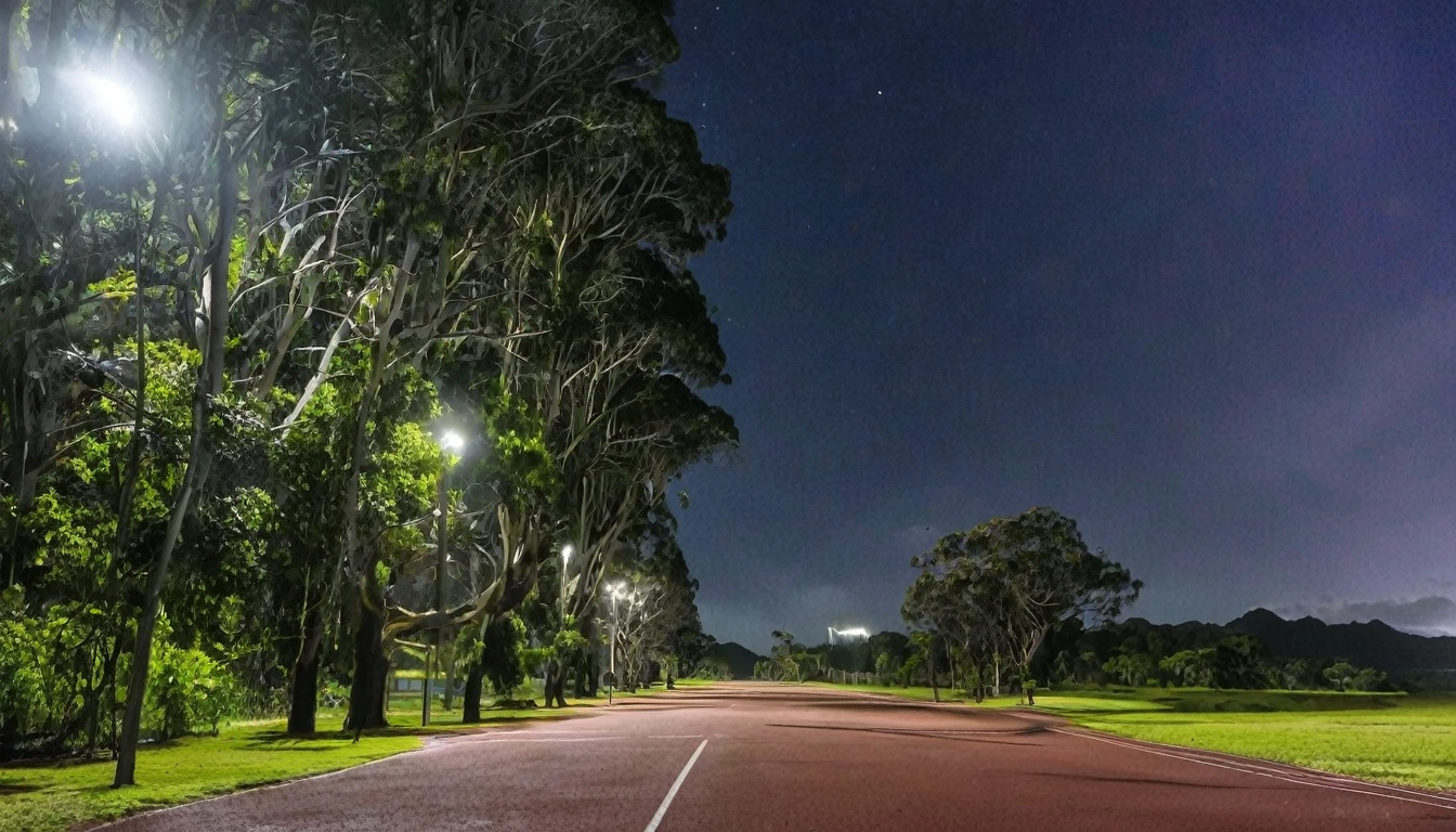 walking track, ominous night, no people in the environment