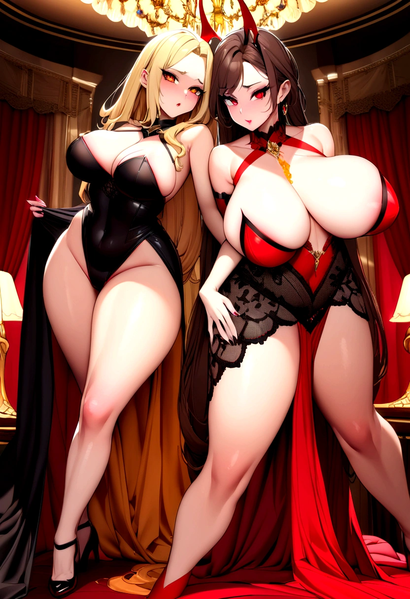 Beautiful blonde succubus woman with red pupils with very voluptuous body wearing a black dress in a luxurious room, accompanied by a beautiful and elegant mature and tall succubus woman with dark brown hair and honey-colored pupils with voluptuous body wearing a red dress, both doing provocative poses.