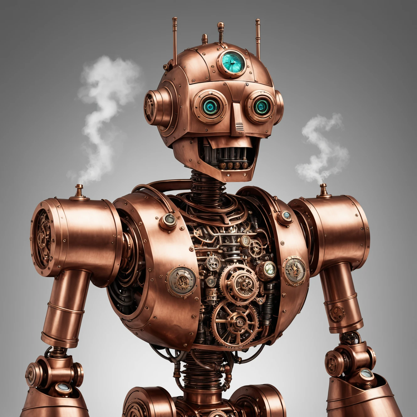A steam punk style copper robot with a human like bronze face.