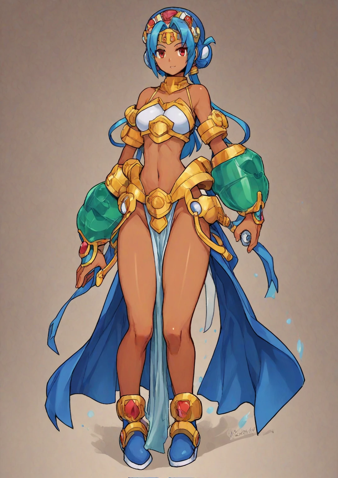 1in kinu-sensei artstyle, Kinu Nishimura style, muted pastel colors, 1girl, tanned female, curvaceous figure, medium breasts, large hips, hourglass figure, solo, pelvic curtain, bare shoulders, bare legs, reploid, In this detailed image, we see a Reploid character from the "Mega Man X" series, specifically with the design from "Mega Man X8." The Reploid features a futuristic and functional design, incorporating a blend of military and utilitarian aesthetics. The character is depicted in a full-body armor suit predominantly colored in vibrant greens, with contrasting red and white accents, kinu-sensei artstyle,