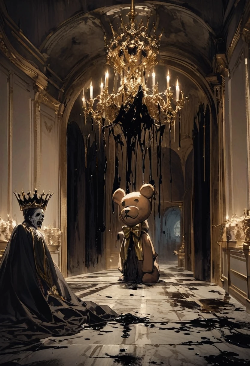a caramel-colored teddy bear, wears a yellow and blue bow tie, he has a black crown that floats over his head, his eyes are big with stars inside, there is a black liquid dripping from his eyes, he is in a hall of royalty all gilded, he is the king, he is evil, he is hideous and frightening, scary, horror picture