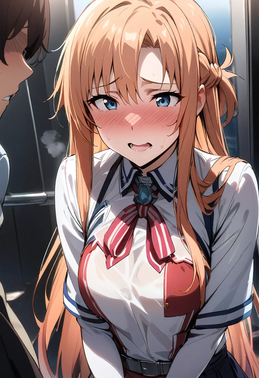 Asuna, ((masterpiece)), High resolution, Asuna、 Bright orange hair, ((Molester on the train))、Embarrassed face、Sweating all over the body、vapor、high school girl, With ahe face、Penis insertion、Creampie