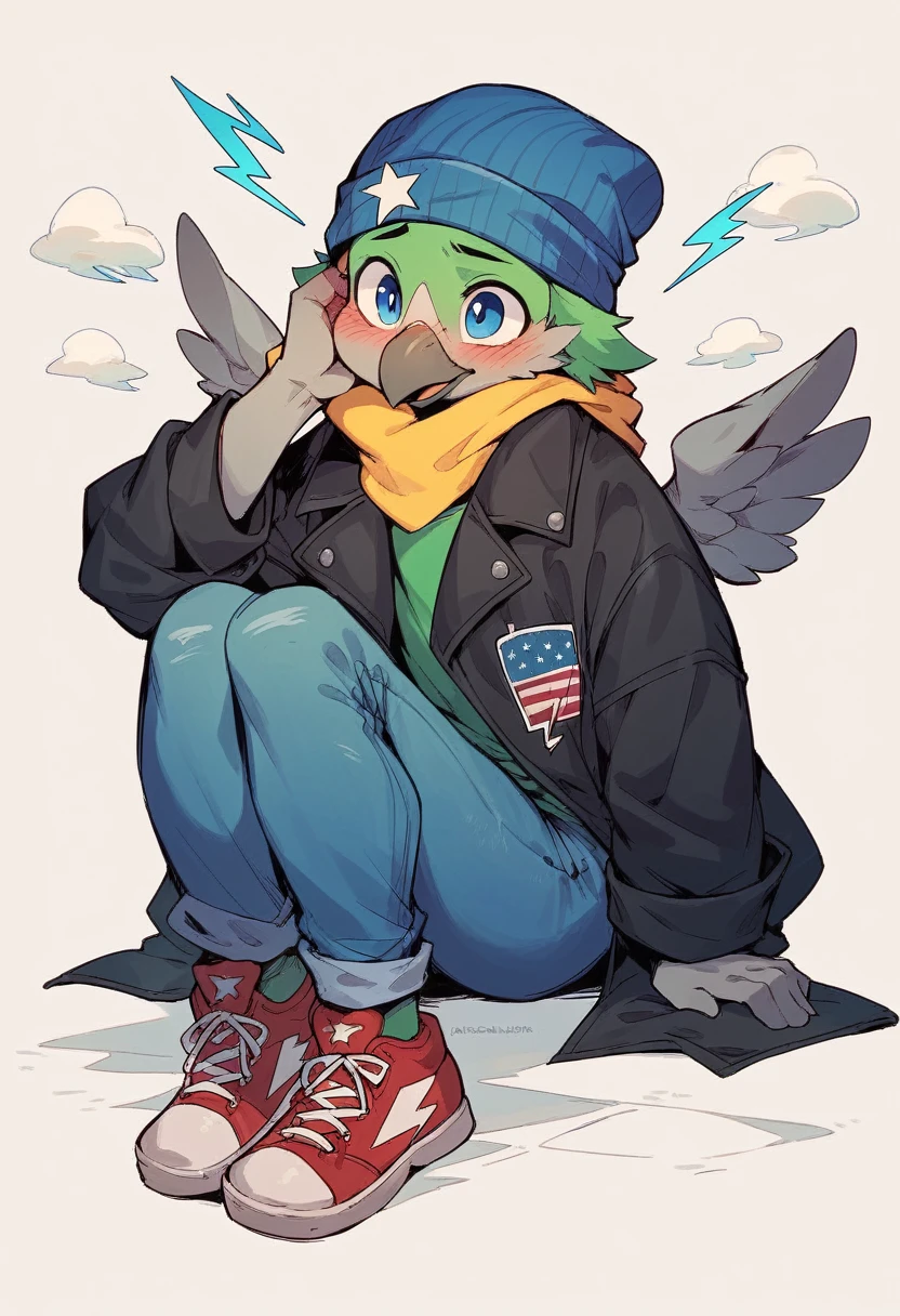 animal Green bird with black coat of American student, blue jeans, shoes black, wings, blush on cheek, lightning blue eyes, blue beanie, yellow neck and gray beak and messy hair