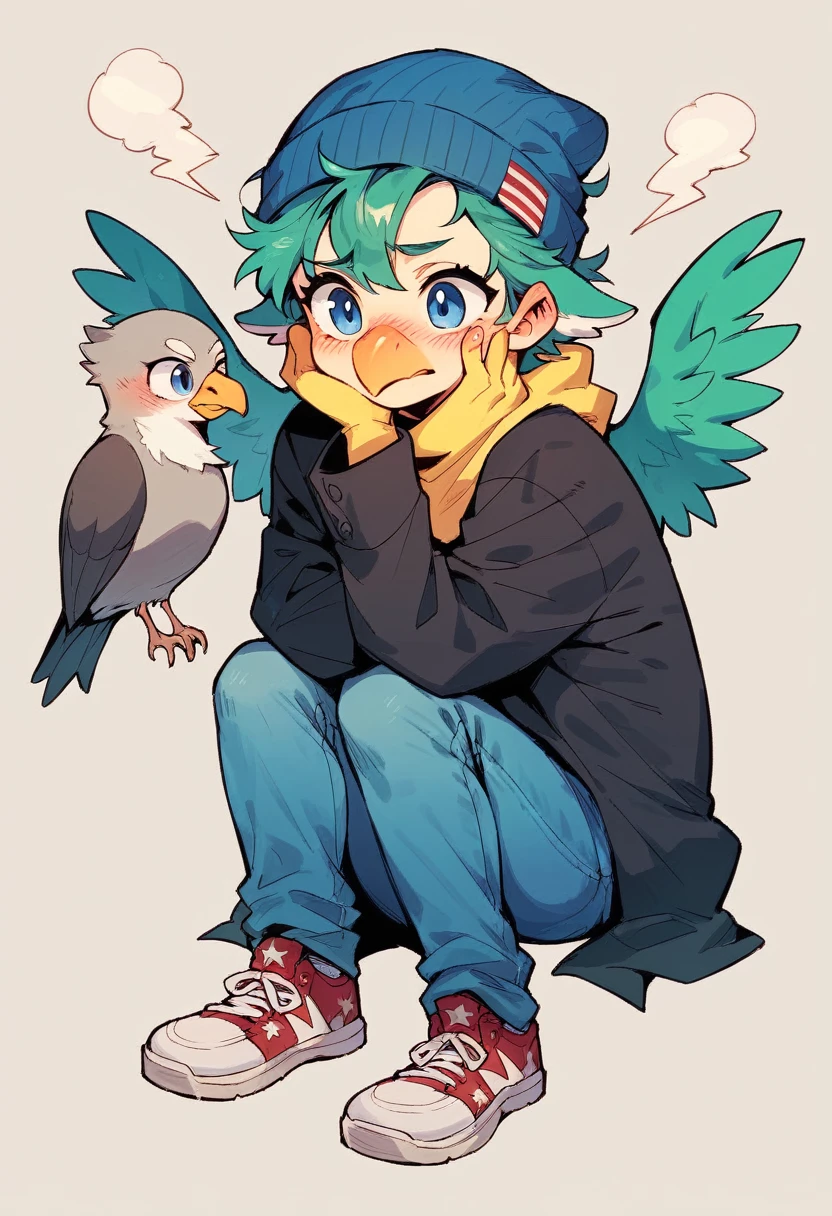 animal Green bird with black coat of American student, blue jeans, shoes black, wings, blush on cheek, lightning blue eyes, blue beanie, yellow neck and gray beak and messy hair