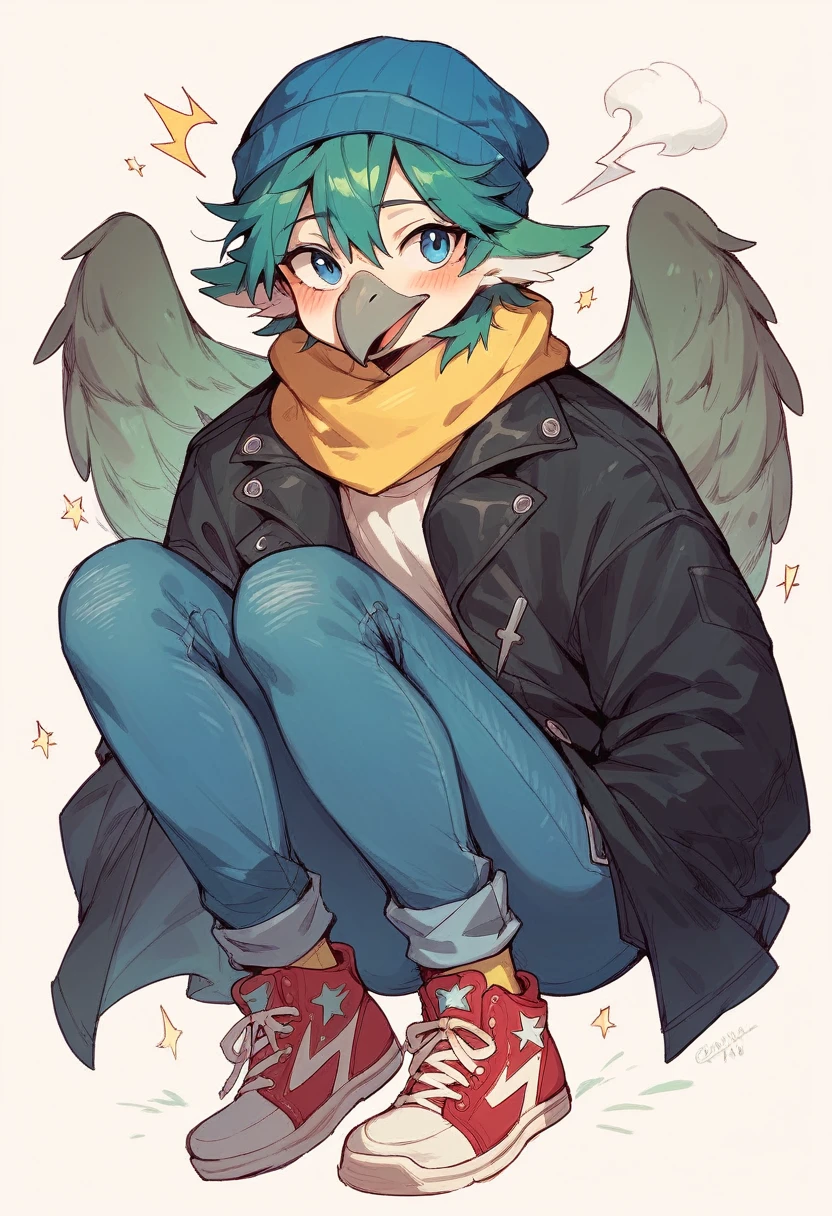 animal Green bird with black coat of American student, blue jeans, shoes black, wings, blush on cheek, lightning blue eyes, blue beanie, yellow neck and gray beak and messy hair