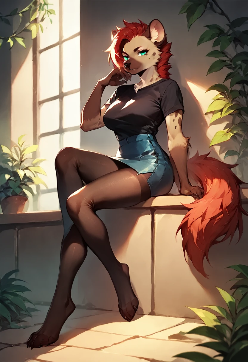 score_9, score_8_up, score_7_up, score_6_up, score_5_up, score_4_up, (solo), female anthro hyena, black shirt, mini skirt, lusty, fluffy body, long dark red hair, turquoise eyes, sitting, (thick tights:1.3)
