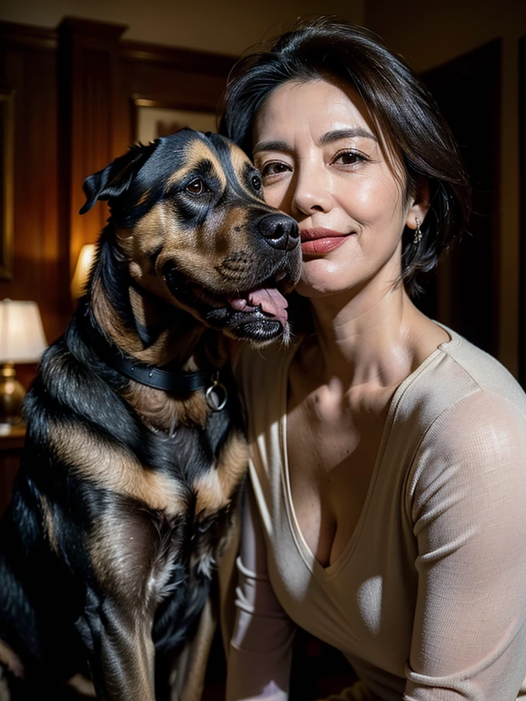 (masterpiece:1.4),((1 woman and 1 dog : 1.5)), (((portrait of mature woman and her big dog : 1.4))), (65-year-old woman:1.5), (Facial wrinkles : 1.2), Nasolabial folds, (looking at viewer : 1), (smirking : 1.3), pores, dull skin, skin blemishes, (short hair), large saggy breasts, plump body, (elegant lady), (classy formal dress), detailed backgrounds, (Old Western-style building), (dim atmosphere), gloomy, dark lighting, (dog's tongue), plump thigh, petting a dog
