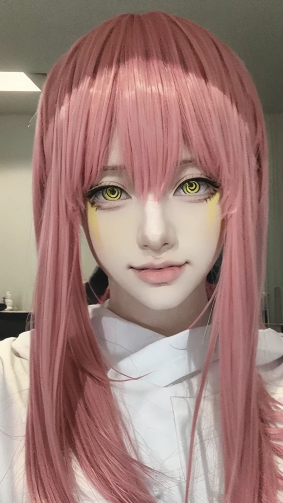 pink hair, yellow eyes