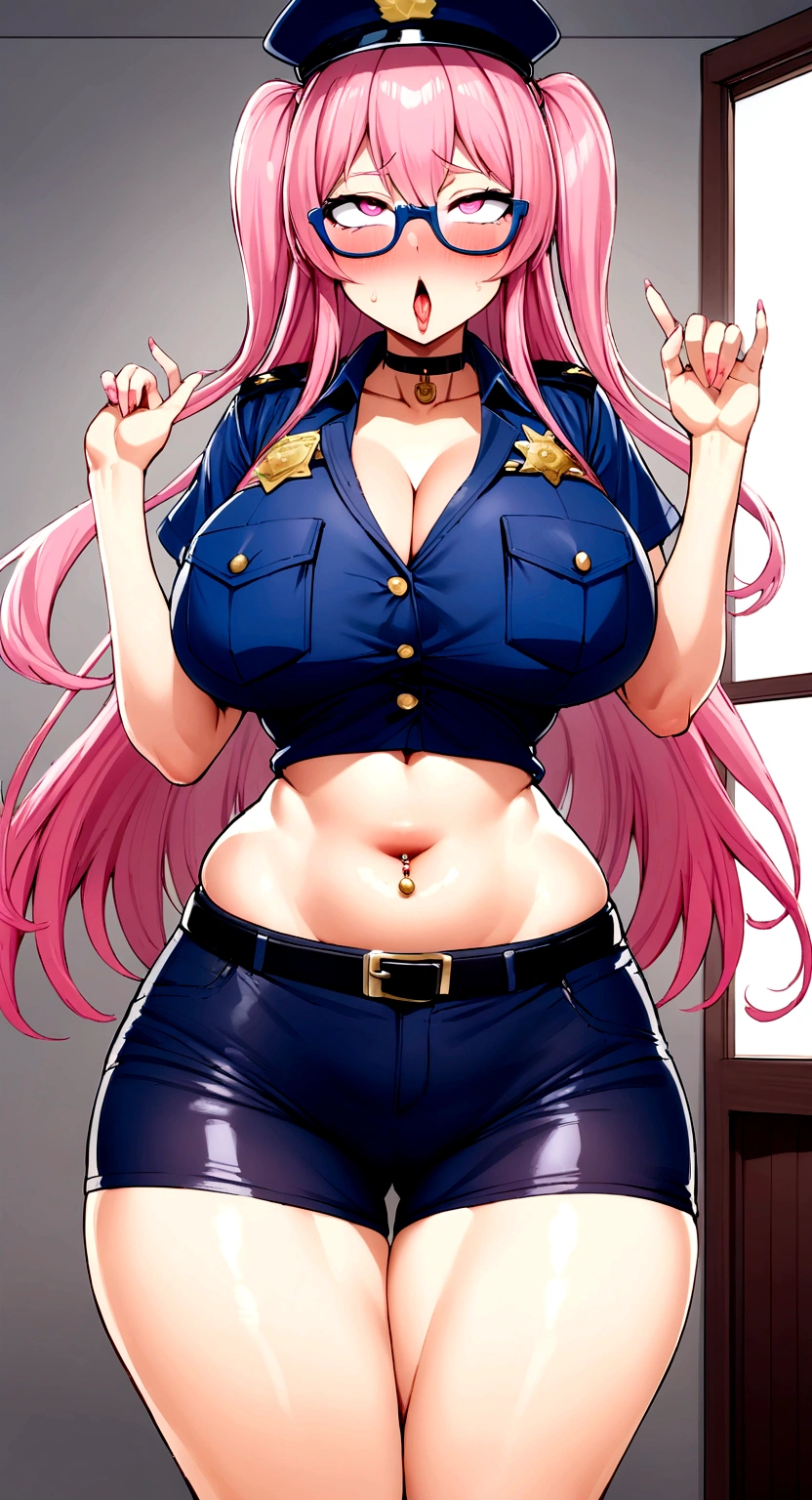 big lips, pink hair, pink eyes, cara japonesa Ahegao, improve, improve grin, two sides up, huge breasts, Wide hips, sexy, detailed,  room, Hits, Ahegao, kawaii, police pants, police, GOOD,police costume, police shirt,  choker, police pants, police shirt,navel piercing,ropa interior,huge breasts,use glasses 