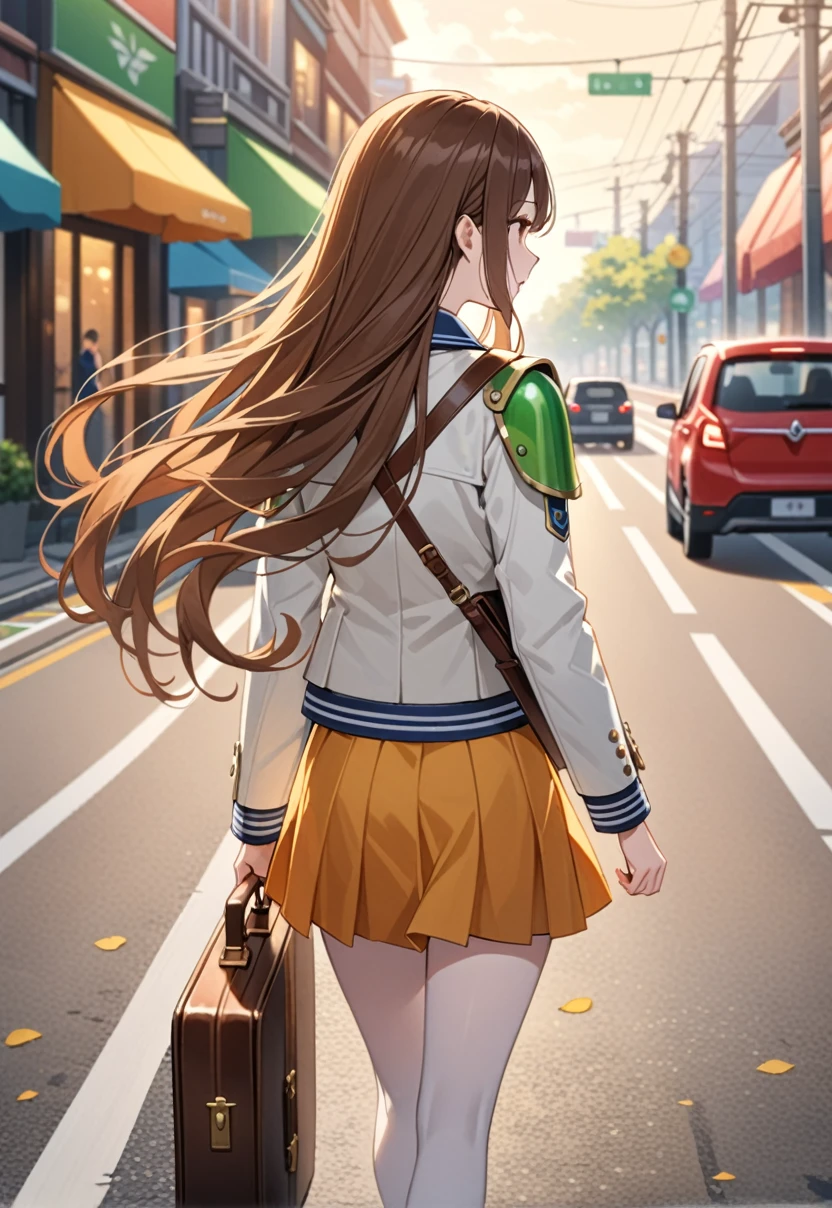 (Pale skin:1.3), Refreshing look, colorful, Her shoulder pads were normal., masterpiece, Highest quality, High resolution, the young woman wears skirts and a short white jacket and holds a briefcase as she walks across the road, 1girl, 独奏, walking, bag, long hair, , from behind, ground vehicle, skirt, brown hair