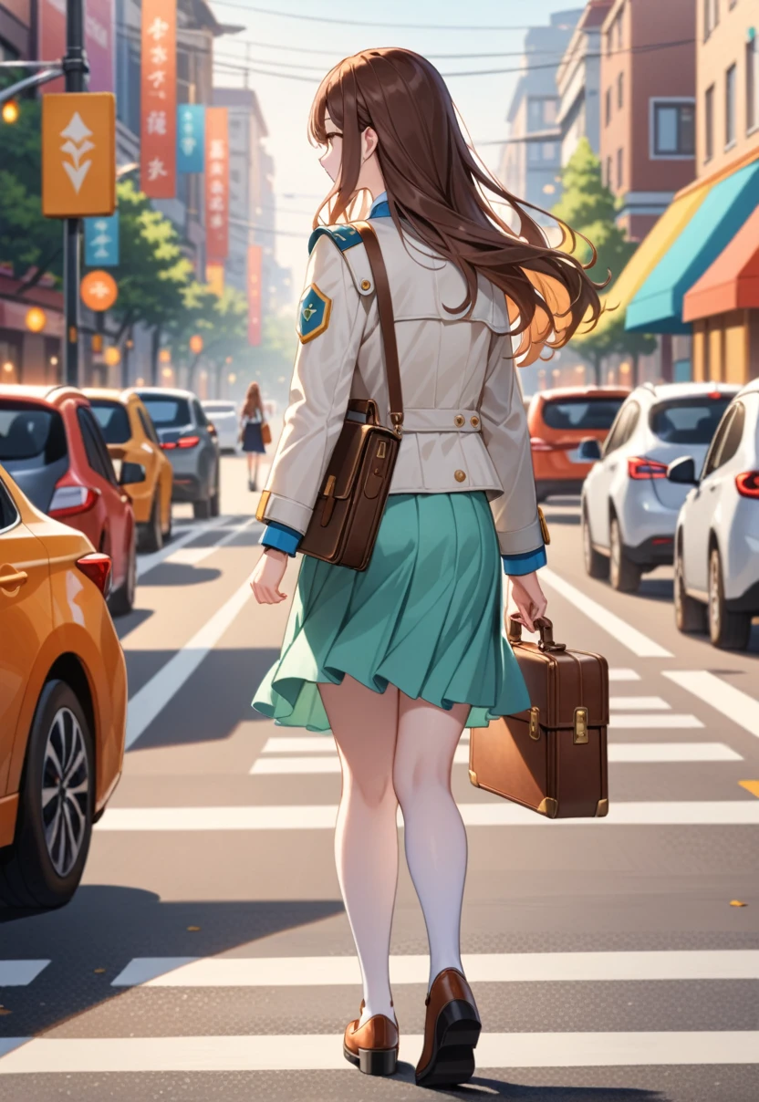 (Pale skin:1.3), Refreshing look, colorful, Her shoulder pads were normal., masterpiece, Highest quality, High resolution, the young woman wears skirts and a short white jacket and holds a briefcase as she walks across the road, 1girl, 独奏, walking, bag, long hair, , from behind, ground vehicle, skirt, brown hair