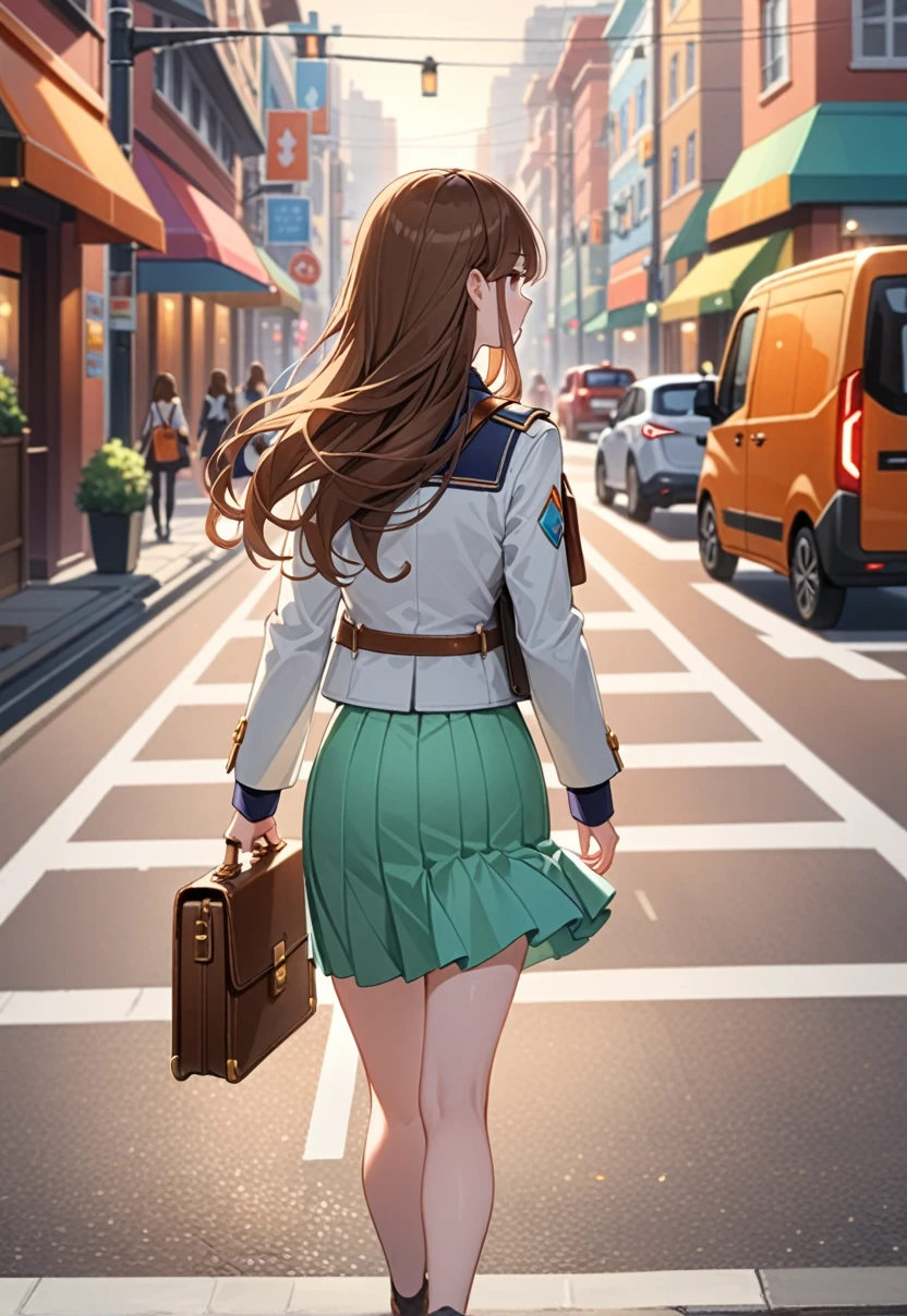 (Pale skin:1.3), Refreshing look, colorful, Her shoulder pads were normal., masterpiece, Highest quality, High resolution, the young woman wears skirts and a short white jacket and holds a briefcase as she walks across the road, 1girl, 独奏, walking, bag, long hair, , from behind, ground vehicle, skirt, brown hair