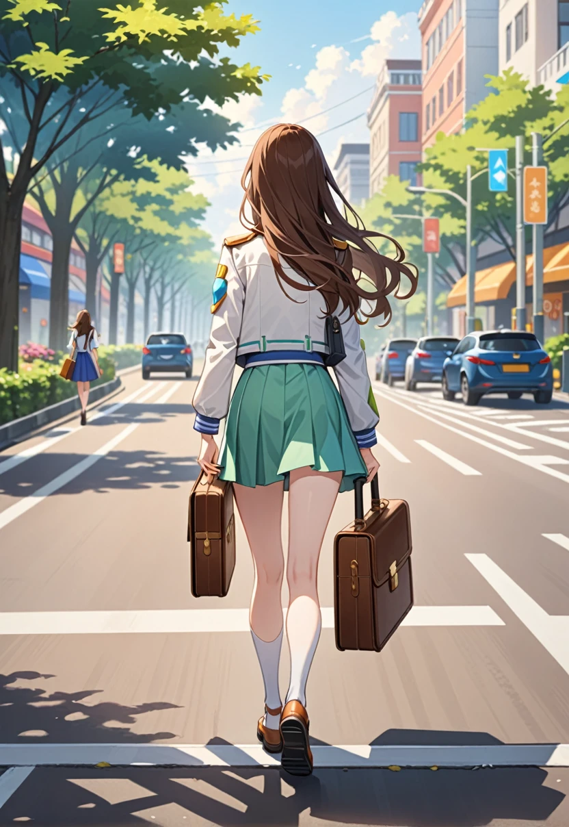 (Pale skin:1.3), Refreshing look, colorful, Her shoulder pads were normal., masterpiece, Highest quality, High resolution, the young woman wears skirts and a short white jacket and holds a briefcase as she walks across the road, 1girl, 独奏, walking, bag, long hair, , from behind, ground vehicle, skirt, brown hair