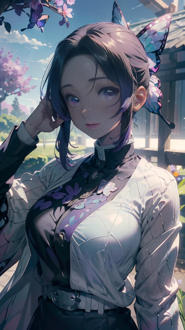 Ultra-realistic 8k CG,masterpiece,((ultra-detailed background, delicate pattern, intricate details)),best quality,very detailed face,extremely detailed eyes and face,extremely detailed eyes,kochou shinobu,multicolored hair,no bangs,hair intakes,purple eyes,forehead,black shirt,black pants,haori,butterfly,buttons,belt,(Garden:1.2),purple flower,chibi,cloudy sky,sunlight,Tindal effect,gradient_sky,face,Gorgeous sky,Waist Sabre,Charming posture,(((nude)))
