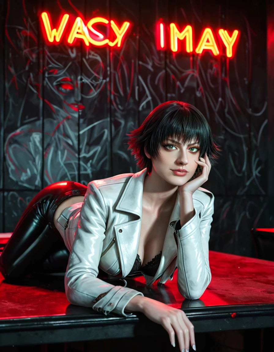rating_explicit, (best quality:1.2), lady (from devil may cry 5:1.1), black bra, perfect face, white jacket, sit in a chair, behind a table, in a dark agency background, "devil may cry" neon red written