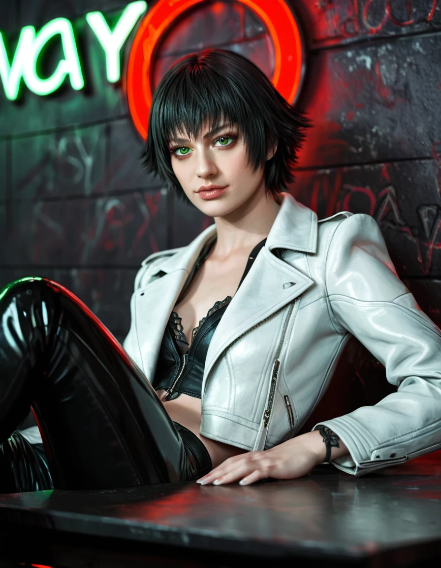 (best quality:1.2), lady (from devil may cry 5:1.1), perfect face, white jacket, black pants, green eyes,lying on the table, in a dark agency background, "devil may cry" neon red sign , night, alone, dark wall
