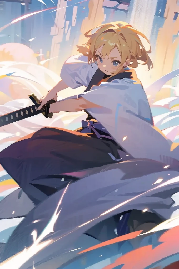 have a blonde waifu finishing an attack with a large samurai sword leaning forward and one leg forward too