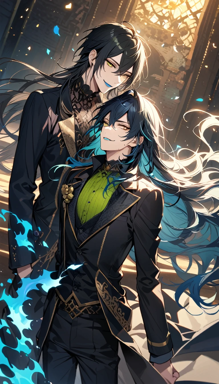 (pieces fly), (highest quality), very detailed, ((two men)), perfect face, beautiful face, very detailed face，(black haired man:1.3)，(white haired man:1.3)，suit，shirt，smile，flower, (1st boy,Idia Shroud, bishounen, boy, male, extremely long hair, blue hair, blue fire hair, wavy hair, yellow eyes, tired expression, blue lips, handsome, skinny, geeky, blue glow, shark teeth,) (2nd boy, malleus draconia \(twisted wonderland\) horns, bishounen, boy, male, long hair, black hair, yellow green eyes, smile, gray lips, handsome, skinny, tall, yellow green glow,) 