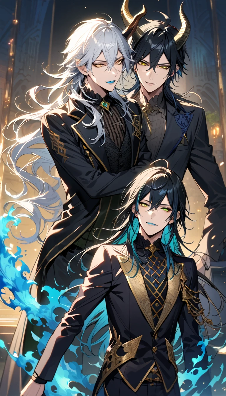 (pieces fly), (highest quality), very detailed, ((two men)), perfect face, beautiful face, very detailed face,(black haired man:1.3),(white haired man:1.3),suit,shirt,smile,flower, (1st boy,Idia Shroud, bishounen, boy, male, extremely long hair, blue hair, blue fire hair, wavy hair, yellow eyes, tired expression, blue lips, handsome, skinny, geeky, blue glow, shark teeth,) (2nd boy, malleus draconia \(twisted wonderland\) horns, bishounen, boy, male, long hair, black hair, yellow green eyes, smile, gray lips, handsome, skinny, tall, yellow green glow,)