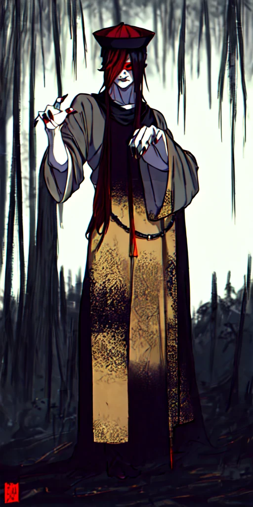 lora:flat:-1.2, masterpiece, best quality, 4k, 8k, 1 woman, solo, tall stature, long hair, blunt bangs, side braid, black hair, ugly face, bad face, bad eyes, droopy eyes, unclear eyes, ruby red eyes, lemon yellow eyes, pale skin, black eyeliner, black eye shadow, heterochromia, slender frame, sad, ofuda, jiangshi costume:1.2, fang, horror, coffin, forest, dark night, stormy weather, fog, from front, cowboy shot, look at viewer, paw pose,