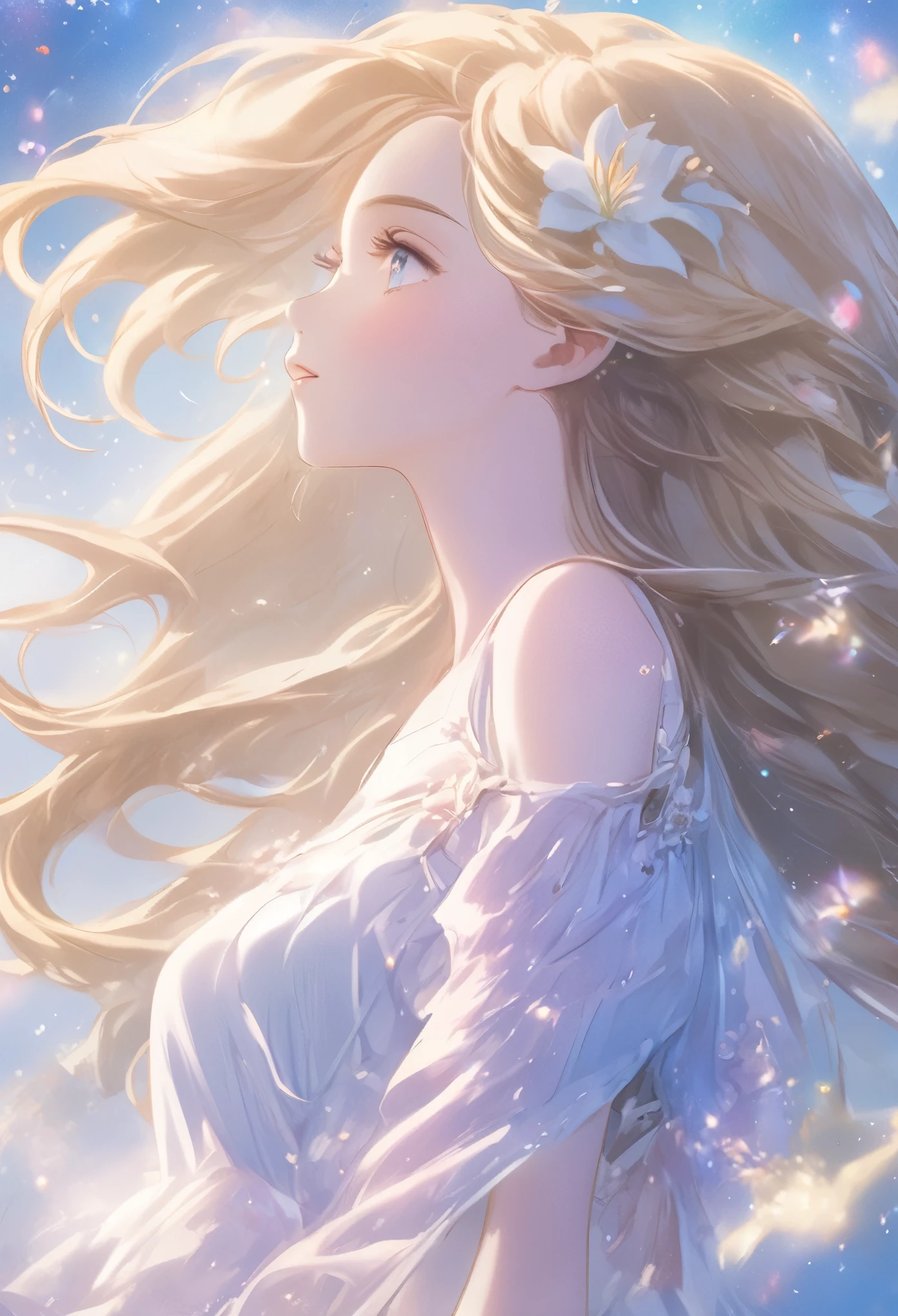 (Highest quality, masterpiece), 1 Girl,Lilia,  posture, particle, Wind, flower, Upper Body, Simple Background, Looking at the audience, blonde, milky way, beautiful