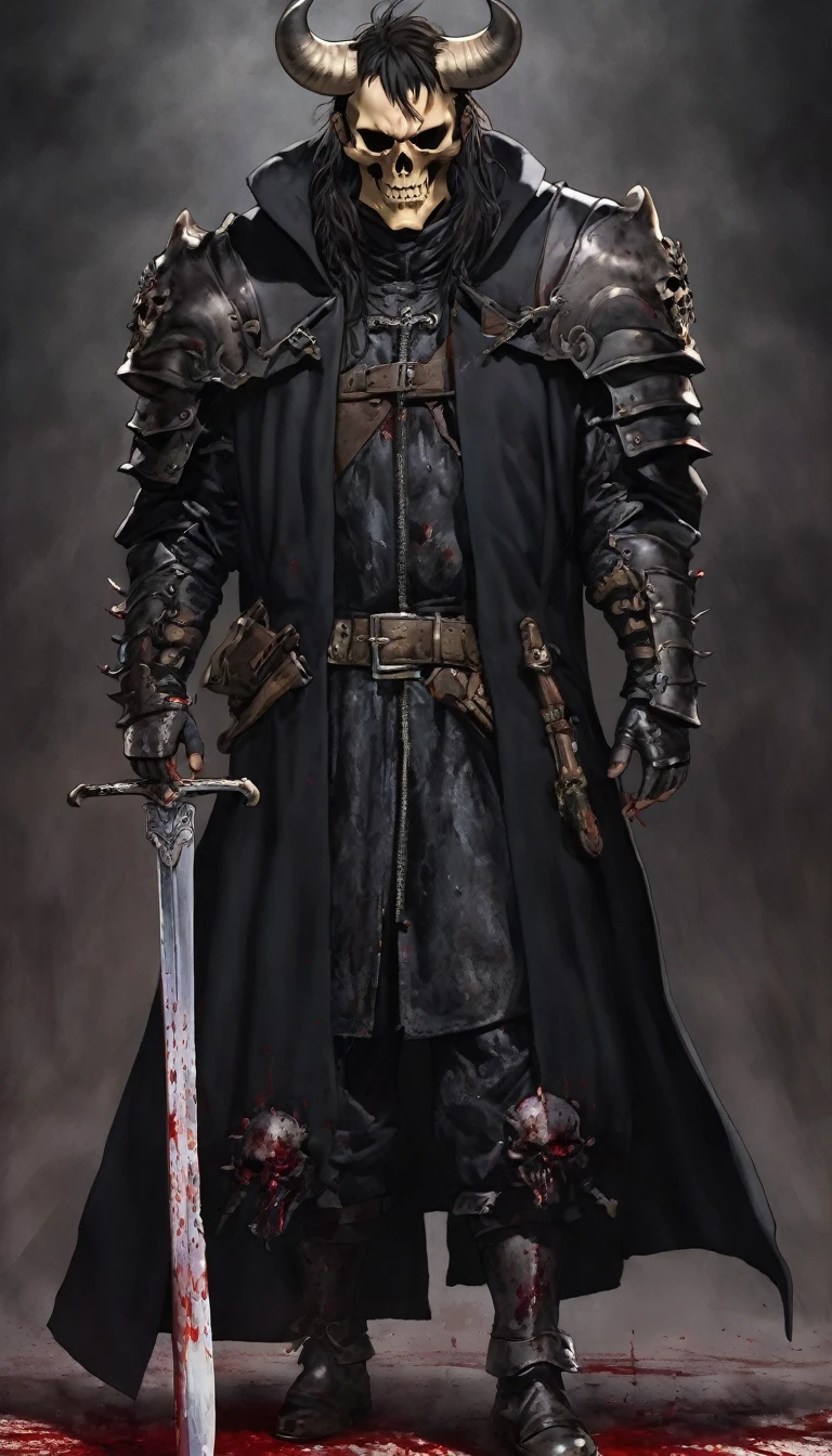 full-length photo of a 1.80 meter man, black overcoat like Guts' overcoat from "Berserk", long and short hair, brown eyes, medieval armor with clawed metal gloves, left shoulder pad remodeled in the shape of a skull of bull covered in blood. He has scars on the corner of his mouth and left eye and a medieval sword.