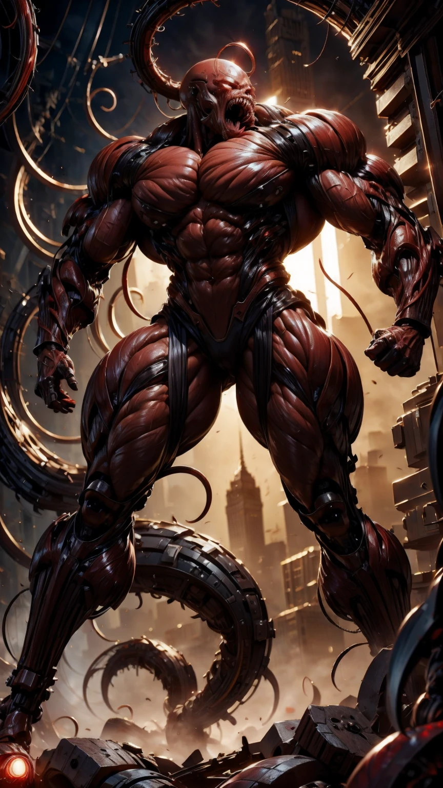 megan fox as a vampiric muscular red carnage, (mouth wide open with tongue out:1.25), (red carnage anatomic muscular bio-mecha muscle suit:1.25), (body totally covered in muscles, veins, tendons), (perfect muscular anatomy), (wide upper body:1.25), (thin legs:1.25), (beautiful face:1.25)
