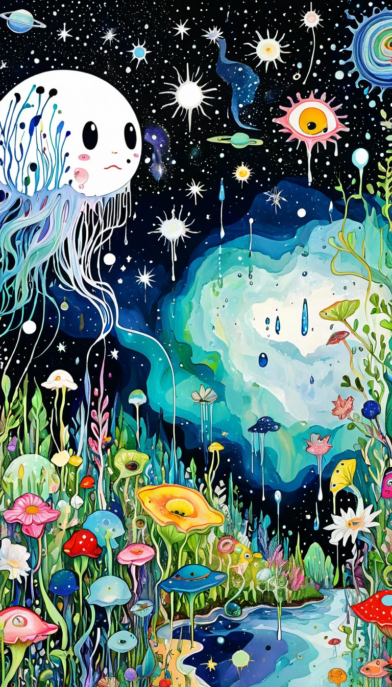 microorganism、plant、Marine life、Tears dripping from eyes、Starry Sky,Stitched into an abstract painting,Describing the inner world of autistic people,Sense of space,White Space,Childish lines,Psychedelic Art
