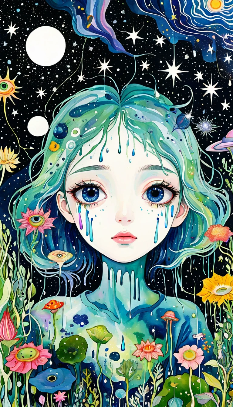 microorganism、plant、Marine life、Tears dripping from eyes、Starry Sky,Stitched into an abstract painting,Describing the inner world of autistic people,Sense of space,White Space,Childish lines,Psychedelic Art