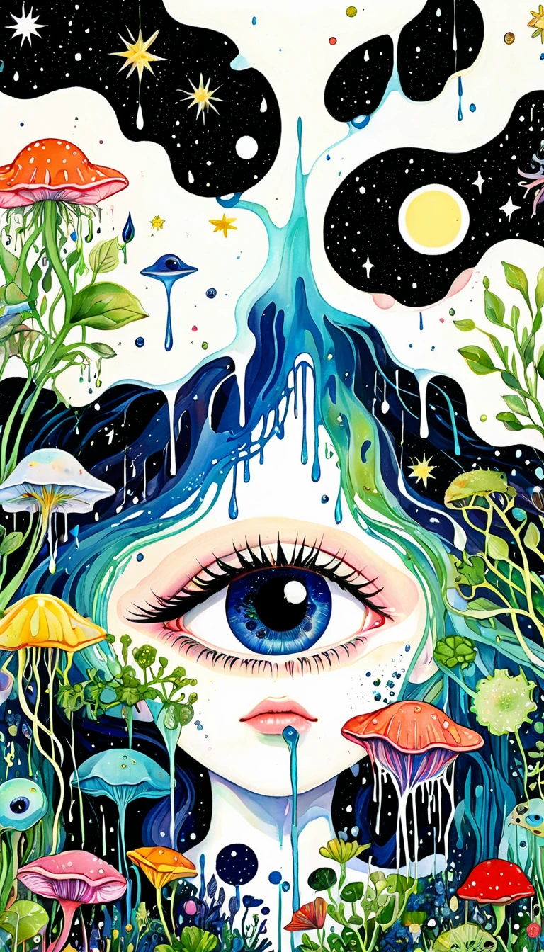 microorganism、plant、Marine life、Tears dripping from eyes、Starry Sky,Stitched into an abstract painting,Describing the inner world of autistic people,Sense of space,White Space,Childish lines,Psychedelic Art