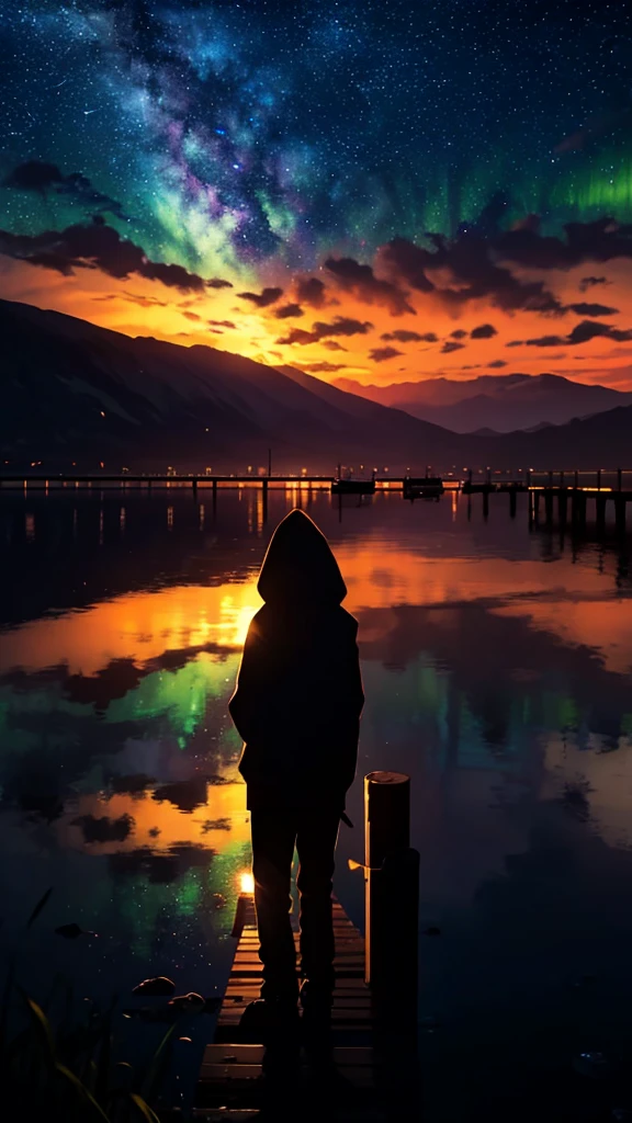 a silhouette of boy sitting in the pier next to a lake, in the distance, from behind, no face shown, looking at the vast sky, clouds, shooting stars, aurora borealis, milky way, the scene is dominated by vast sky.